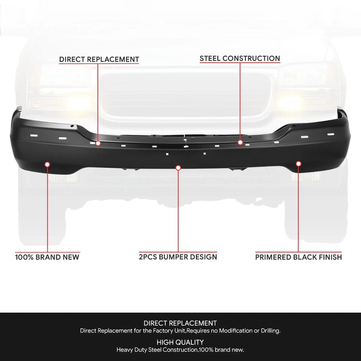 Front Bumper Face Bar for GMC Sierra Yukon (1999–2006) Black Steel