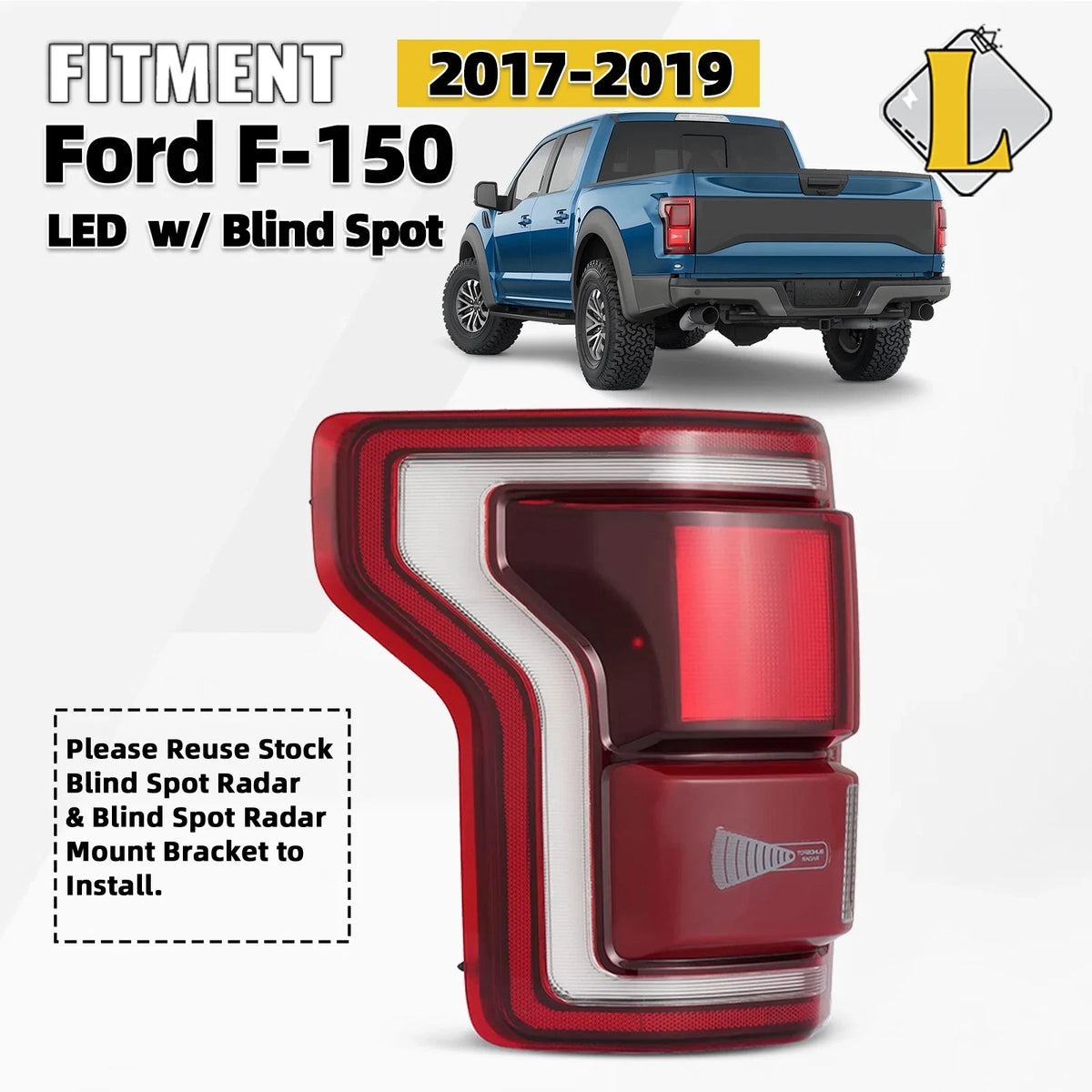 LED Tail Light for Ford F-150 (2017–2019) w/ Blind Spot Smoke Red Lens Left