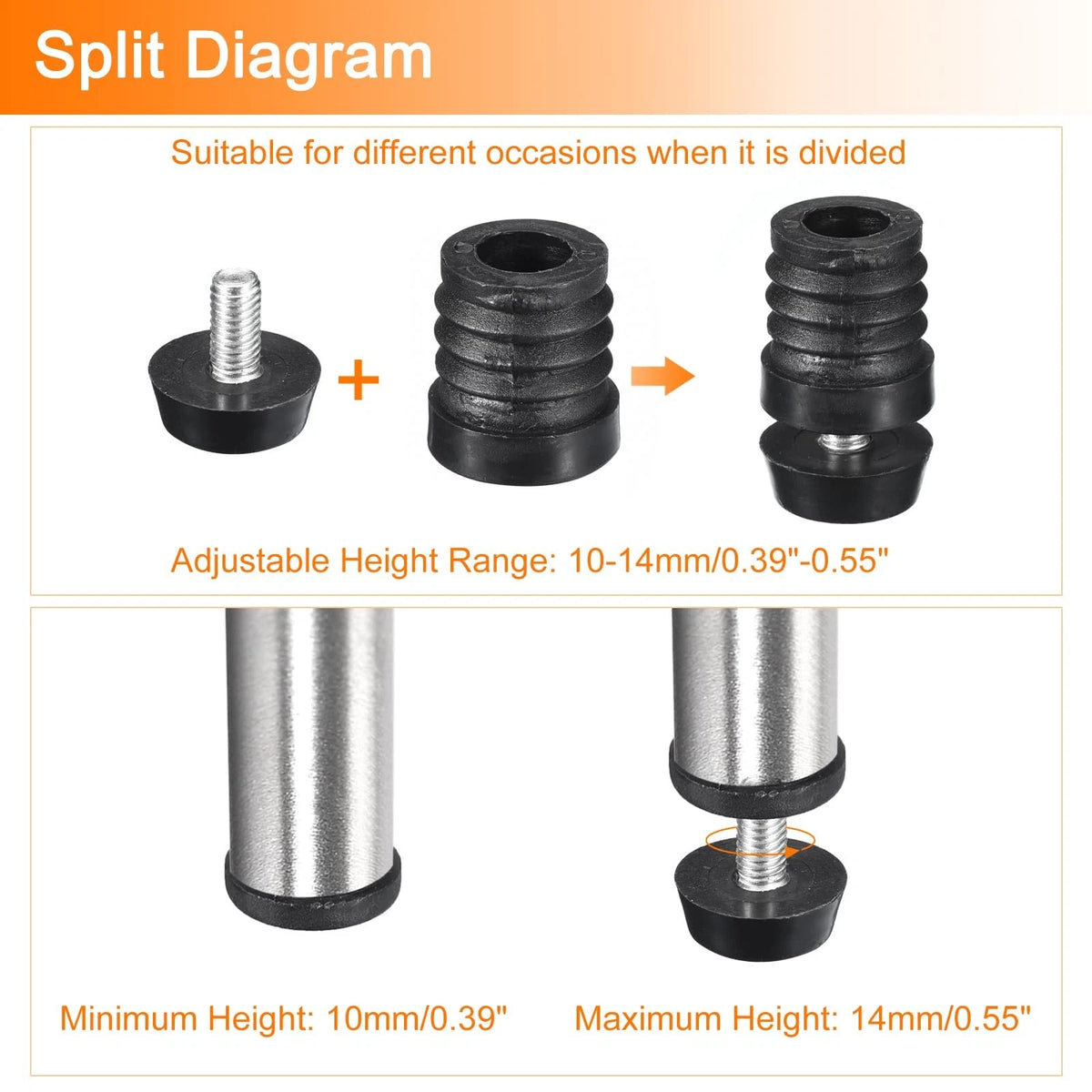 Set of 4 Inserts for Round Tubes with Leveling Feet, 19mm, Black