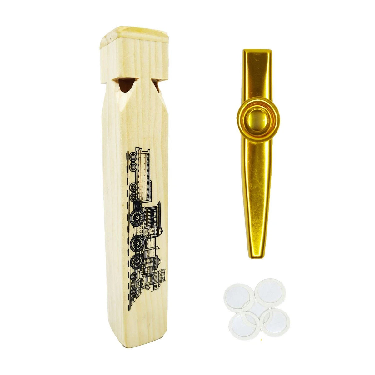 2X Wooden Train Whistle and Gold Kazoo for Music Instrument