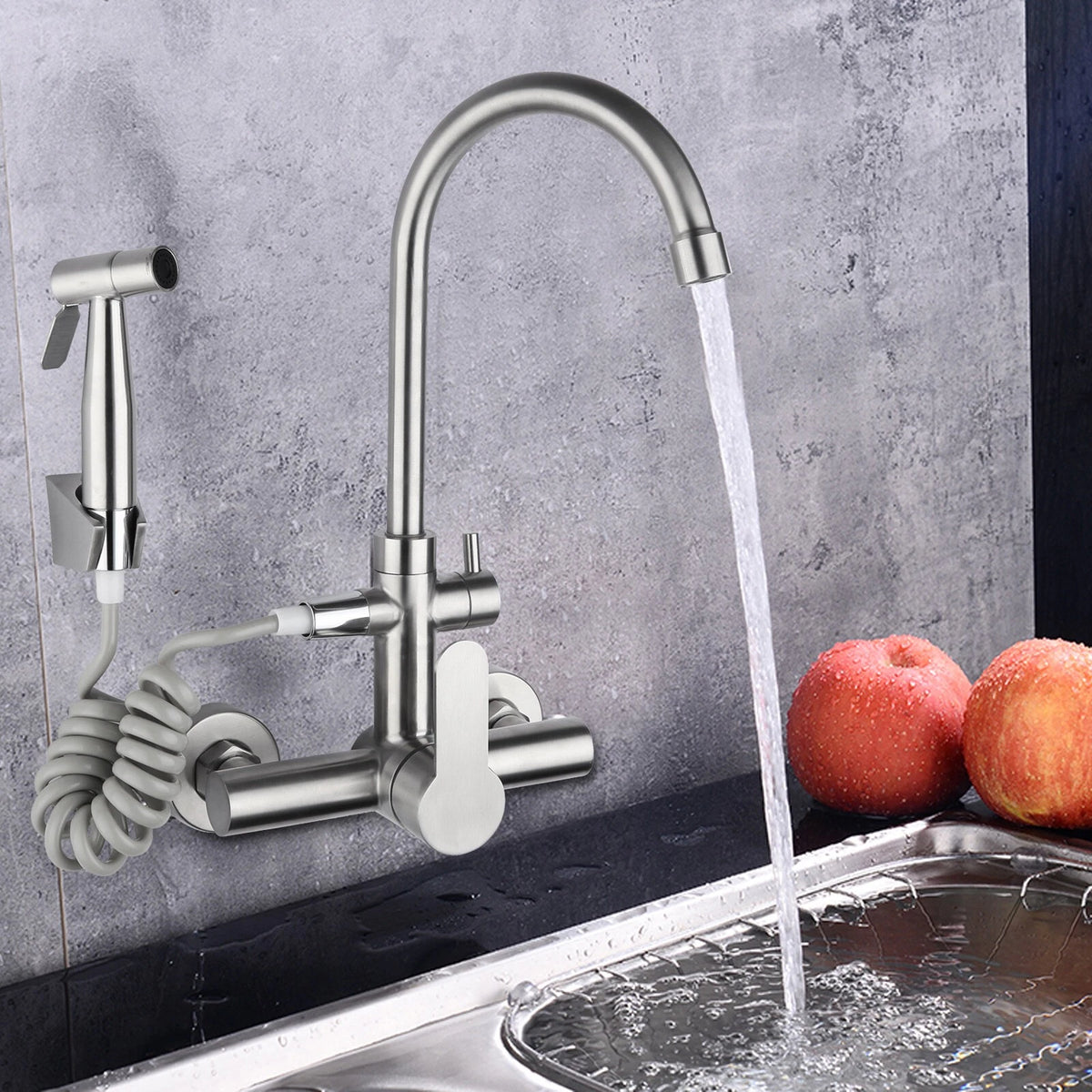 Commercial Sink Faucet Wall Mount 360° Rotation Stainless Steel