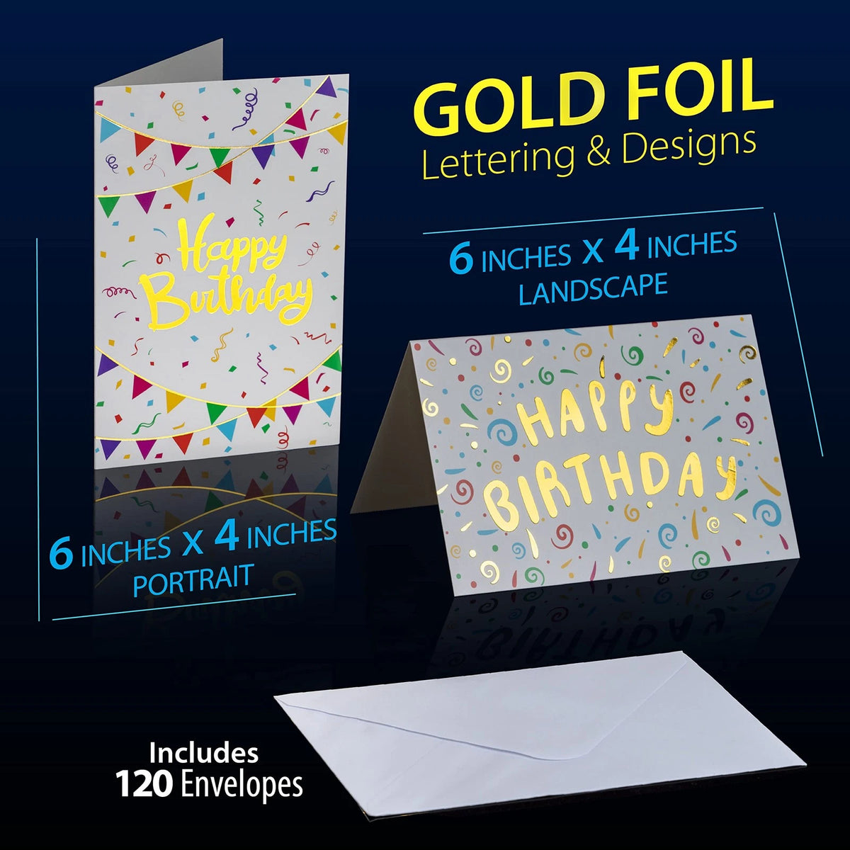 120 Pack Gold Foil Happy Birthday Cards with Envelopes