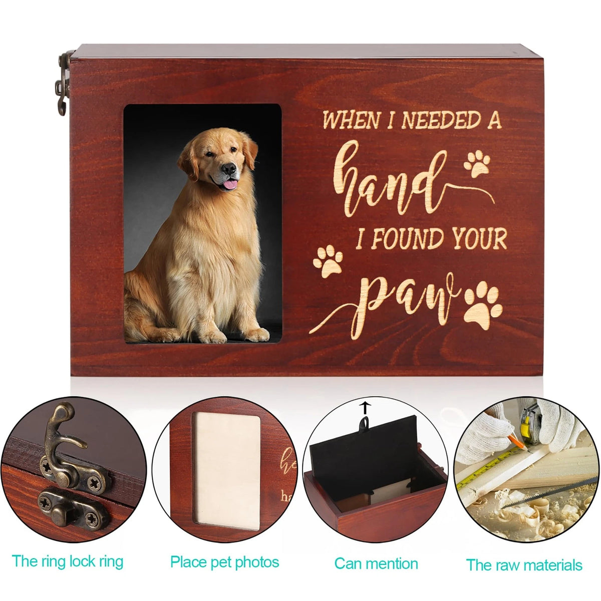 Wooden Pet Memorial Urn for Dog or Cat Ashes with Photo Frame