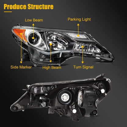 2X Headlight Assembly for Toyota RAV4 (2013–2015) Black Amber Housing