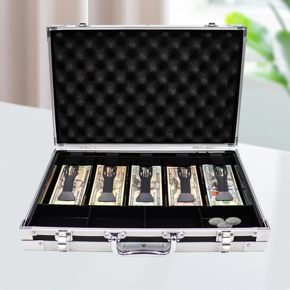 Large Cash Box with Money Tray, Lockable, Metallic