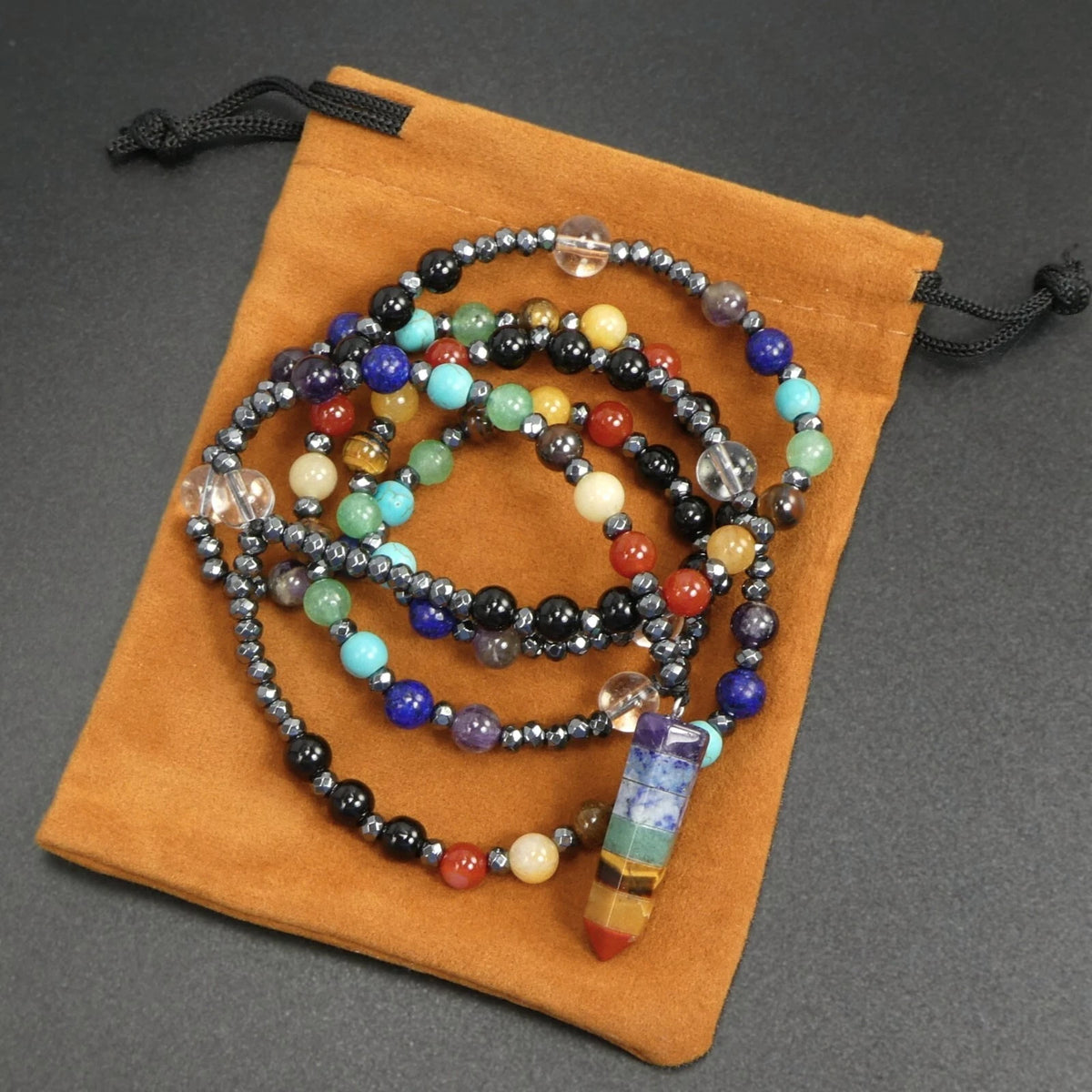 7 Chakras Crystal Point Pendant Necklace 30” Long Multicolor Gemstone
