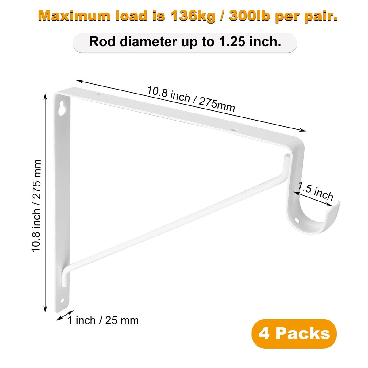 4 Pack Heavy Duty Closet Rod Brackets for Closet Systems (No Specific Years)