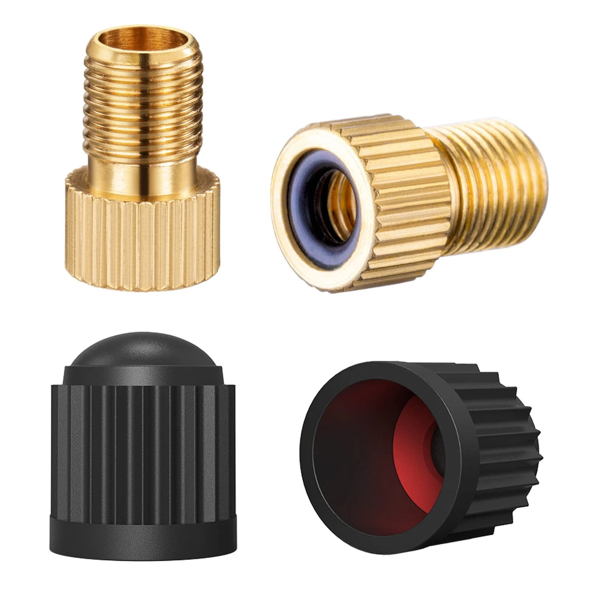 2X Brass Presta Valve Adapter for Bicycle (Convert to Gold Plus Black Cap)