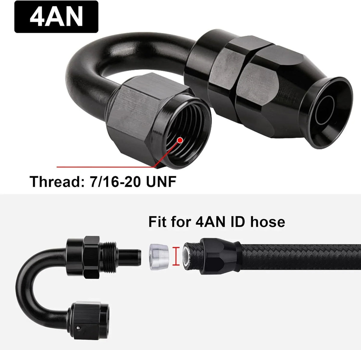 4AN PTFE Hose End Fitting 180 Degree Black for PTFE Hose (2 Pack)