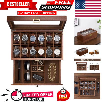 12 Slot Wooden Watch Box for Men - Watch Display Case with Drawer
