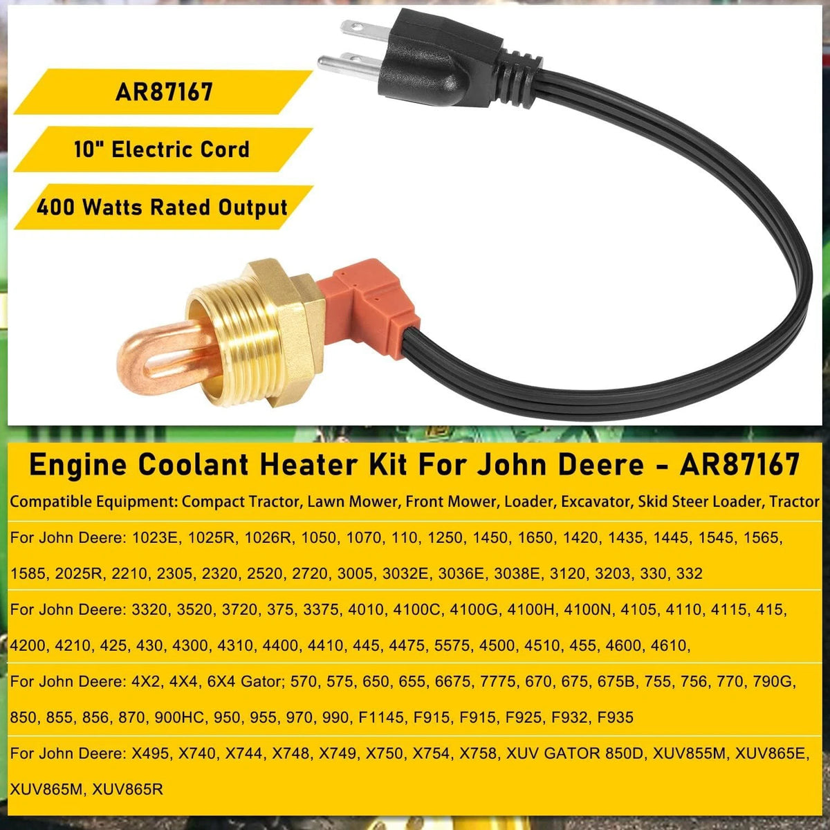 Engine Coolant Block Heater Kit for John Deere 2032R 2025R 1023E 1025R