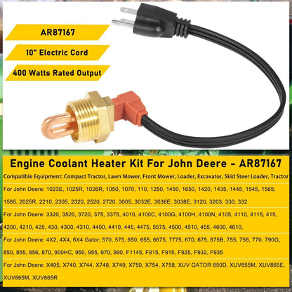 Engine Coolant Block Heater Kit for John Deere 2032R 2025R 1023E 1025R