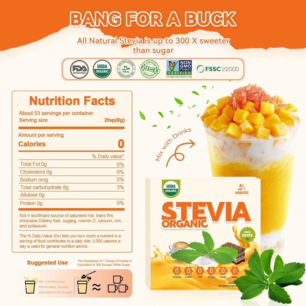 Organic Stevia Powder Sweetener for Various Uses (1.8 Ounce)
