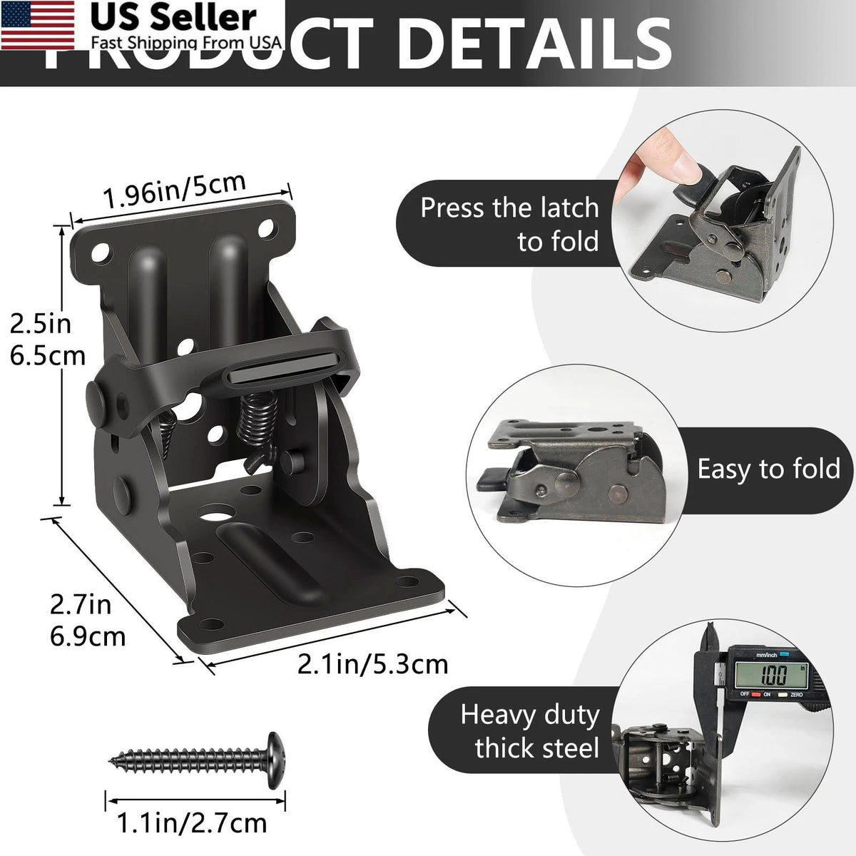 Set of 4 Folding Brackets with Screws for Table - Black