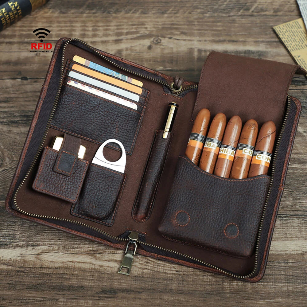 Genuine Leather Cigar Case Travel Humidor Set with Lighter and Cutter