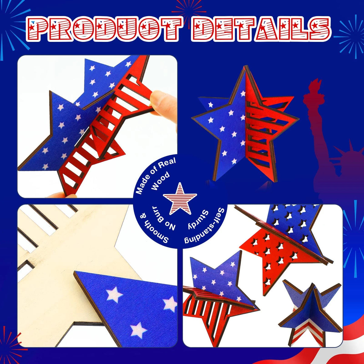 6 Pcs Wooden Star Signs for 4th of July Decoration (2023)