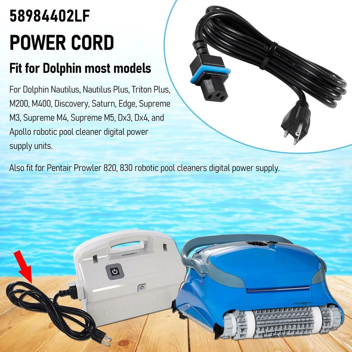Power Cord for Maytronics Dolphin (58984402LF, 5898412LF)