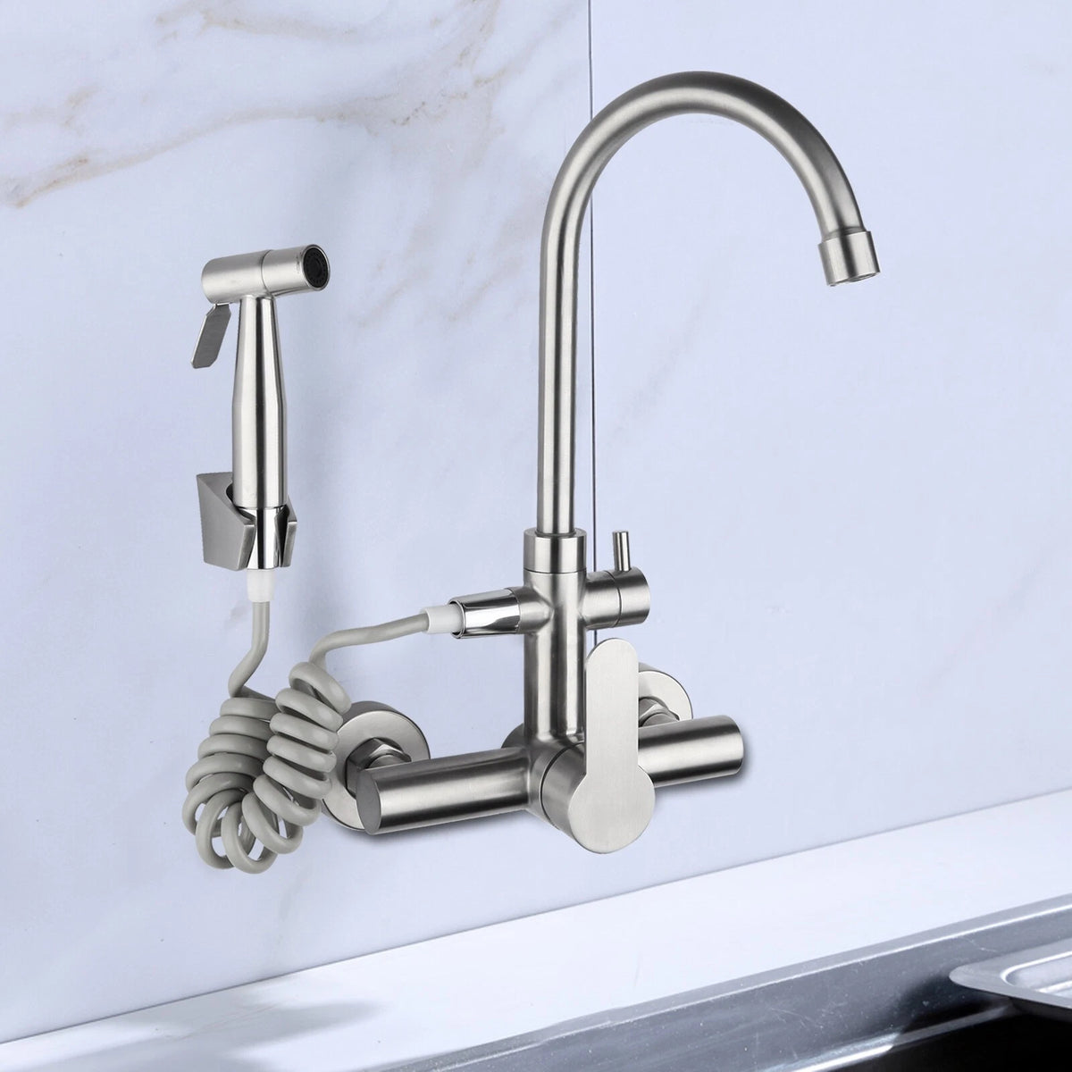Commercial Sink Faucet Wall Mount 360° Rotation Stainless Steel