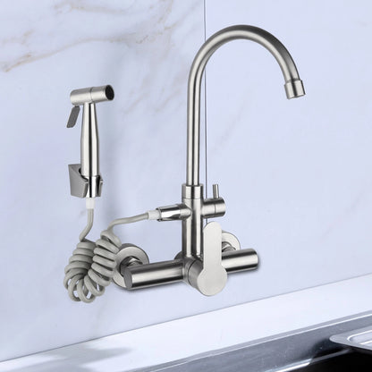 Commercial Sink Faucet Wall Mount 360° Rotation Stainless Steel
