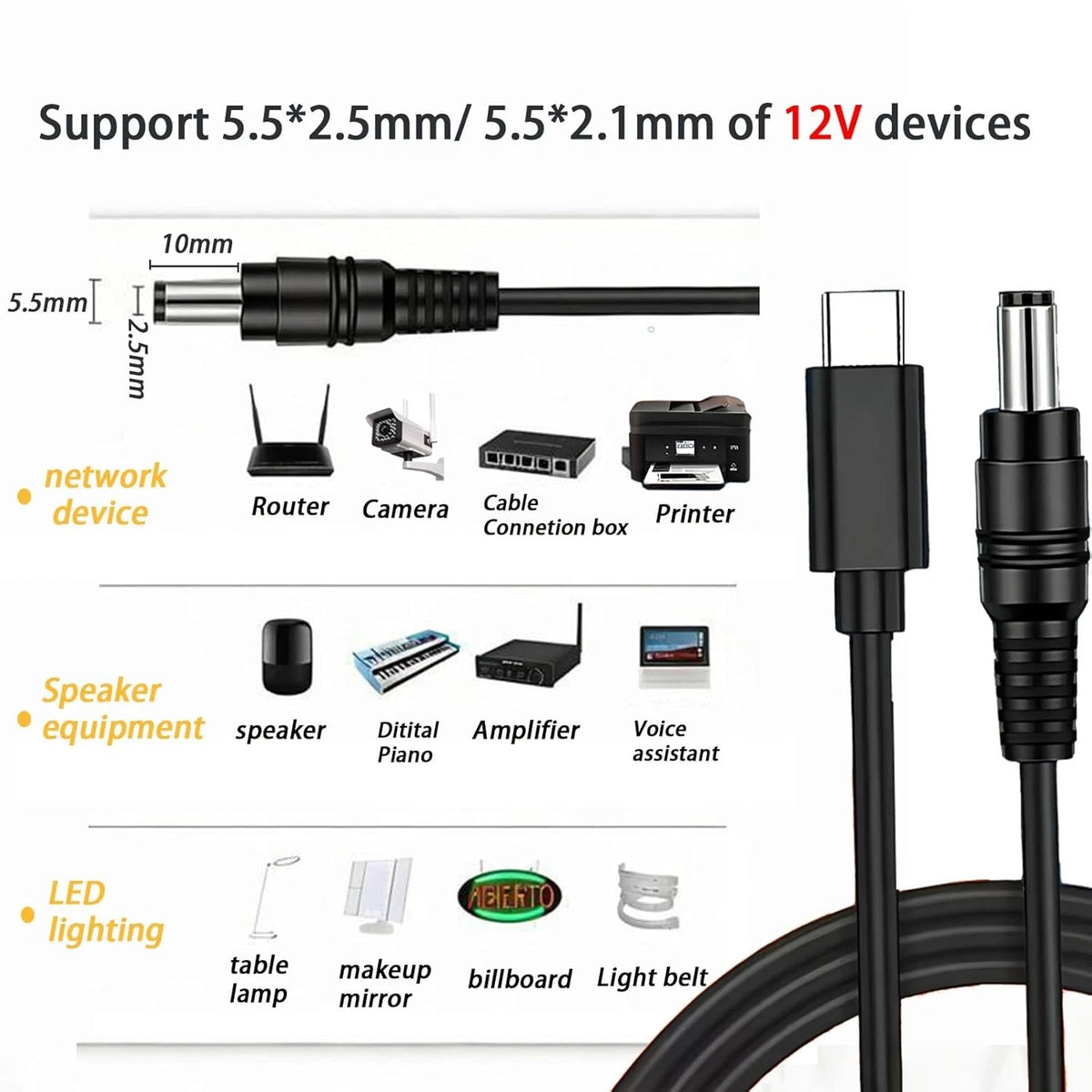 USB C to DC 5.5mm x 2.1mm Power Cord for Universal Use (5ft)