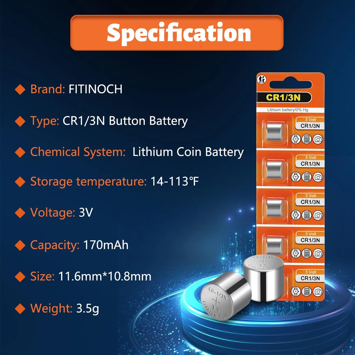 5 Pack 1/3N CR1/3N DL1/3N 3V Lithium Battery for