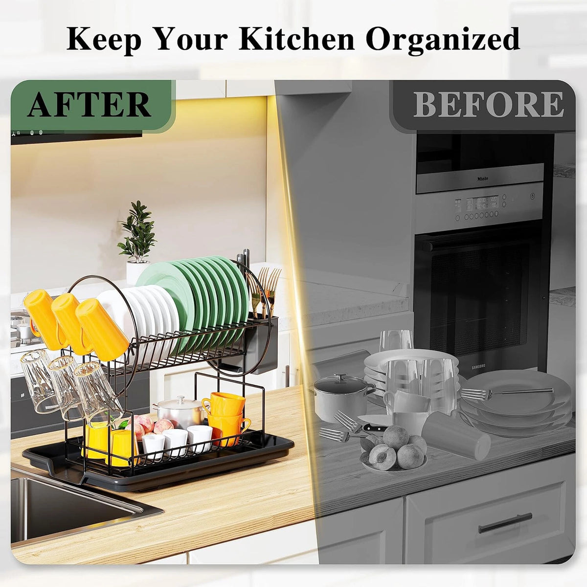 2-Tier Dish Drying Rack for Kitchen Counter with Drainboard