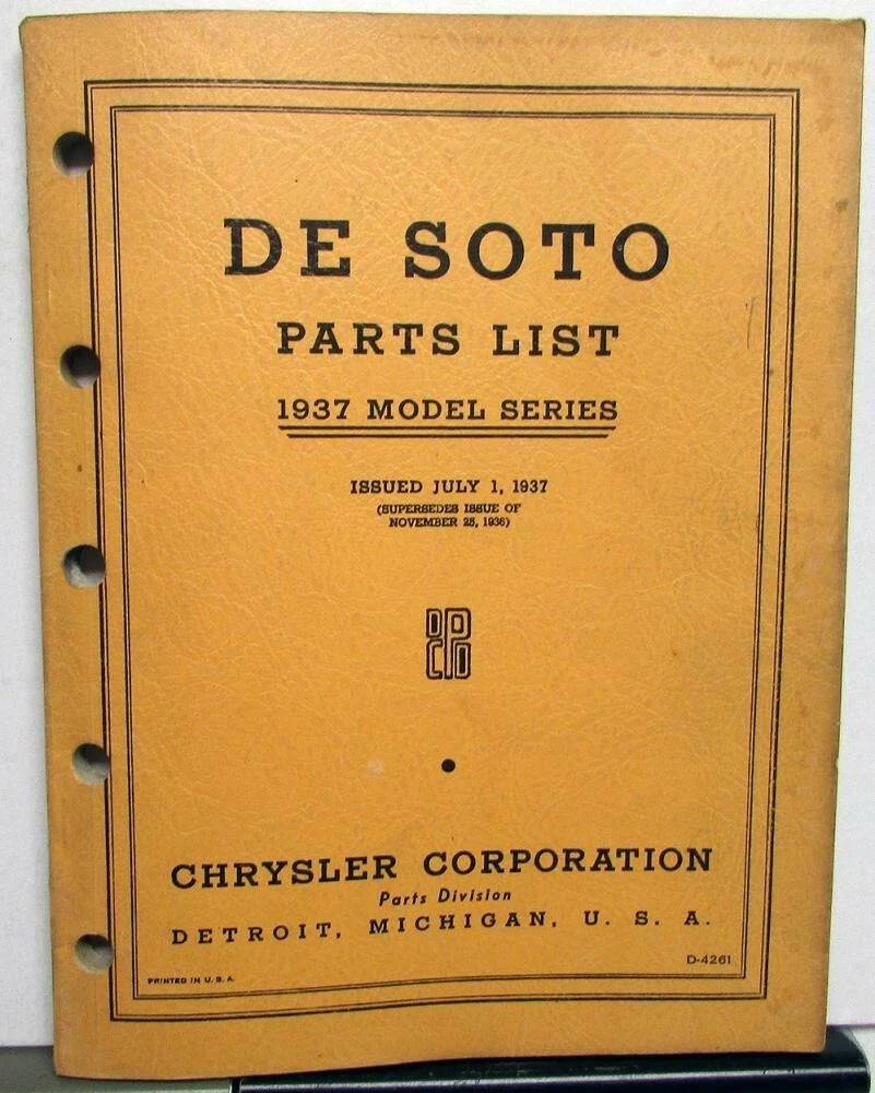 Parts List Book for 1937 DeSoto Passenger Car S3 Models