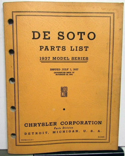 Parts List Book for 1937 DeSoto Passenger Car S3 Models