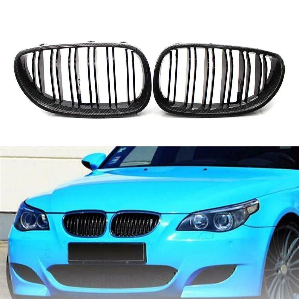 Carbon & Black Double Slat Front Kidney Grille for BMW 5 Series E60 E61 (2004–2010)