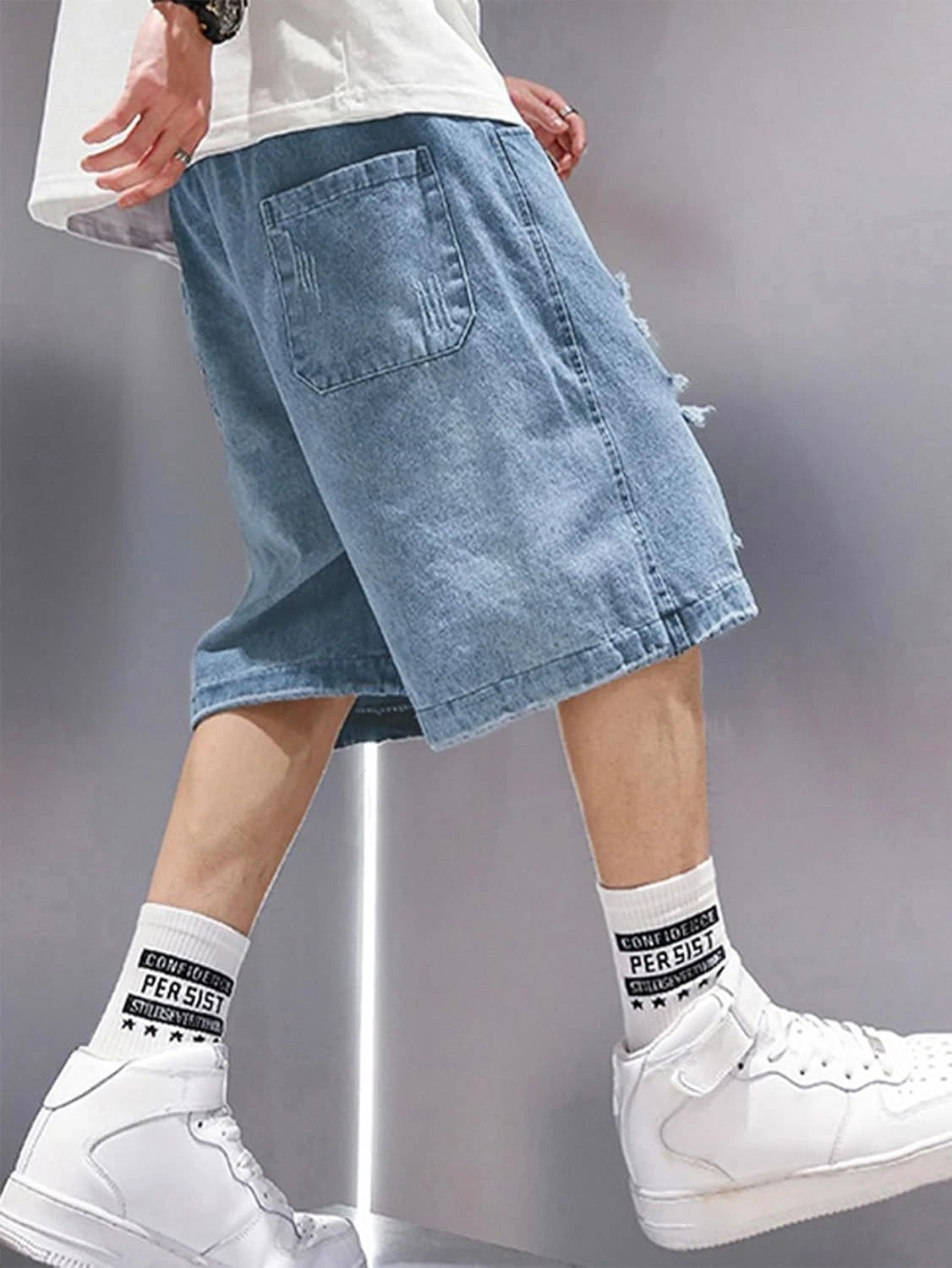 Men's Baggy Denim Shorts Elastic Waist Ripped Cargo Jorts Y2K Style