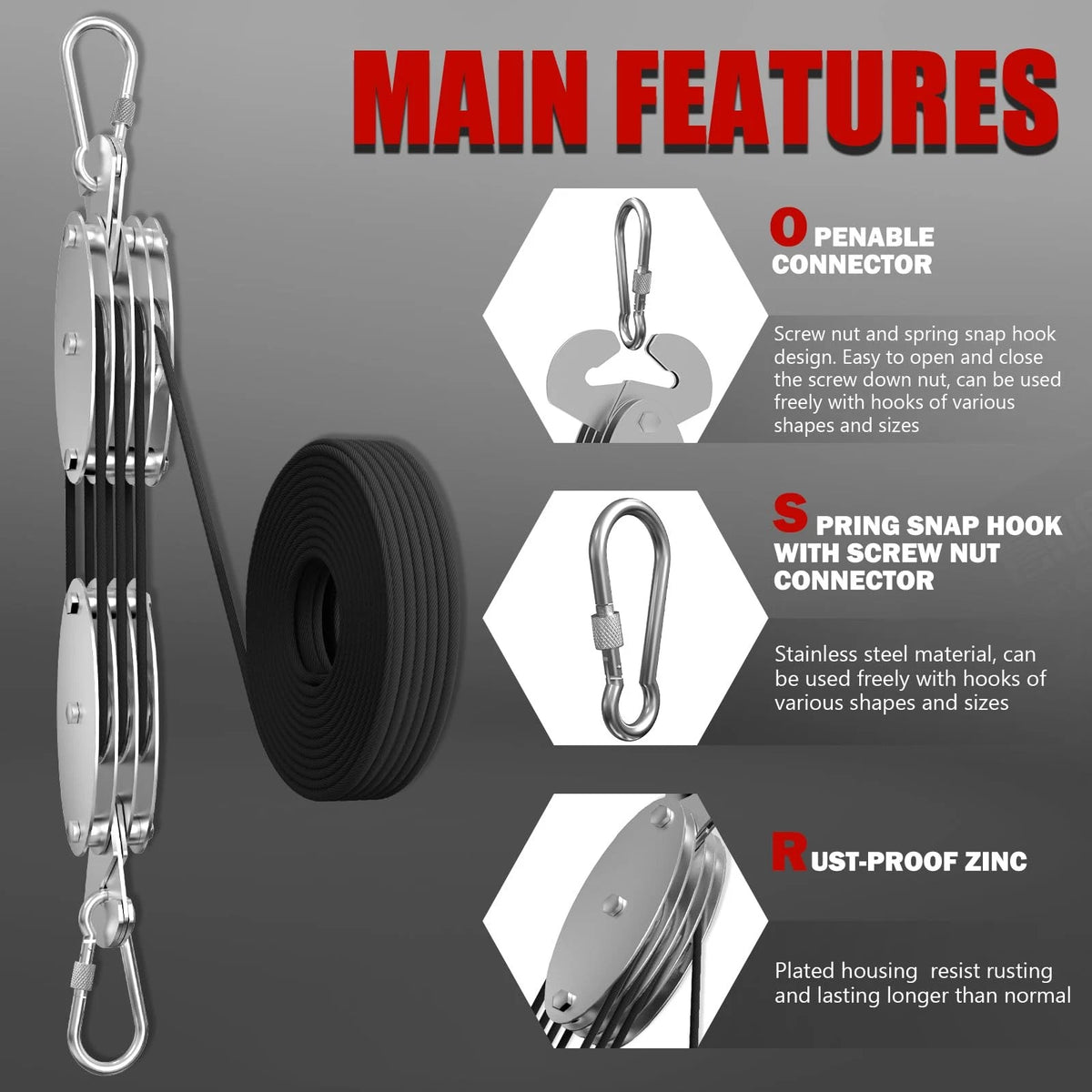 Rope Hoist Pulley System for Upgraded Use (530LB, 65FT)