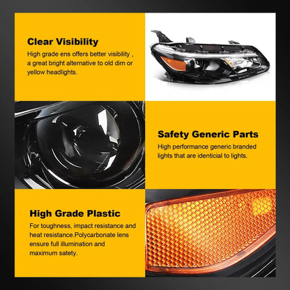 2Pcs Pair Headlights for Chevy Malibu (2016–2018) Black with Amber