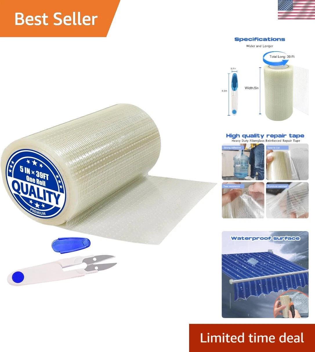 5in x 39FT Waterproof Fiberglass Repair Tape for Multi-Surface