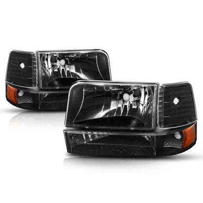 Black Housing Headlight Amber Corner Signal Lamps for Ford F150/F250/F350 (1992–1996)