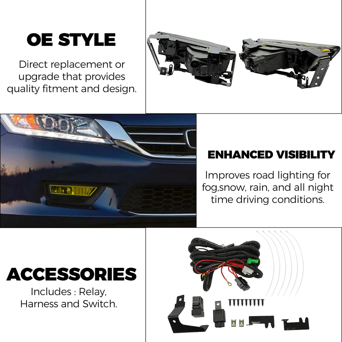 Amber Fog Lights Assembly with Switch & Bulbs for Honda Accord Sedan (2013–2015)
