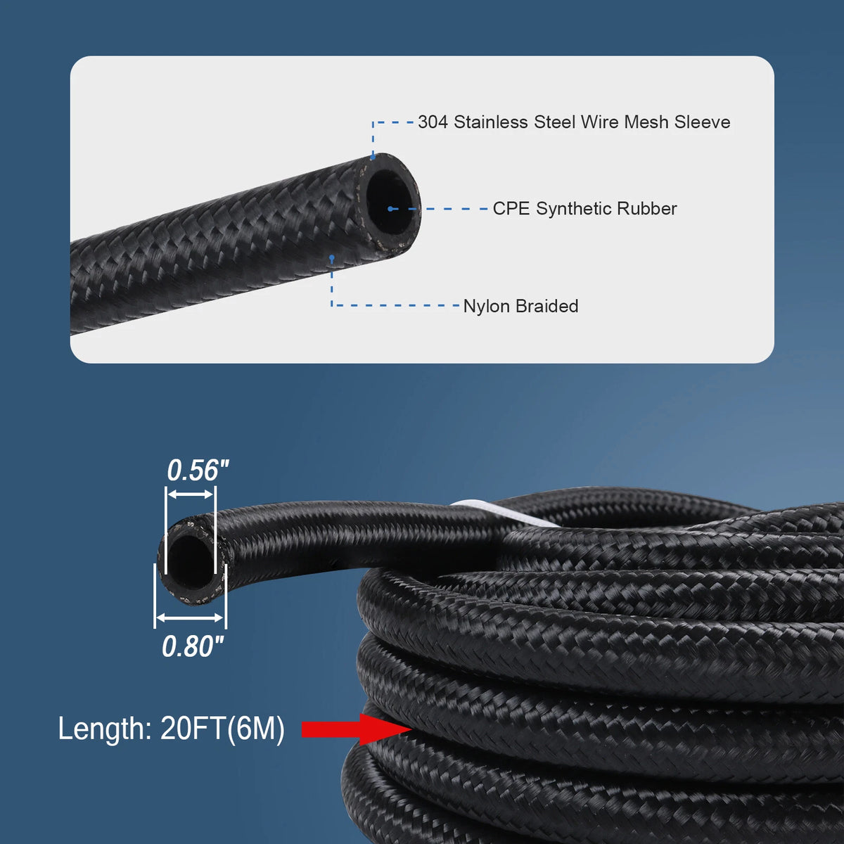 20FT 10AN 5/8" Braided Nylon Fuel Line Hose Fitting Kit