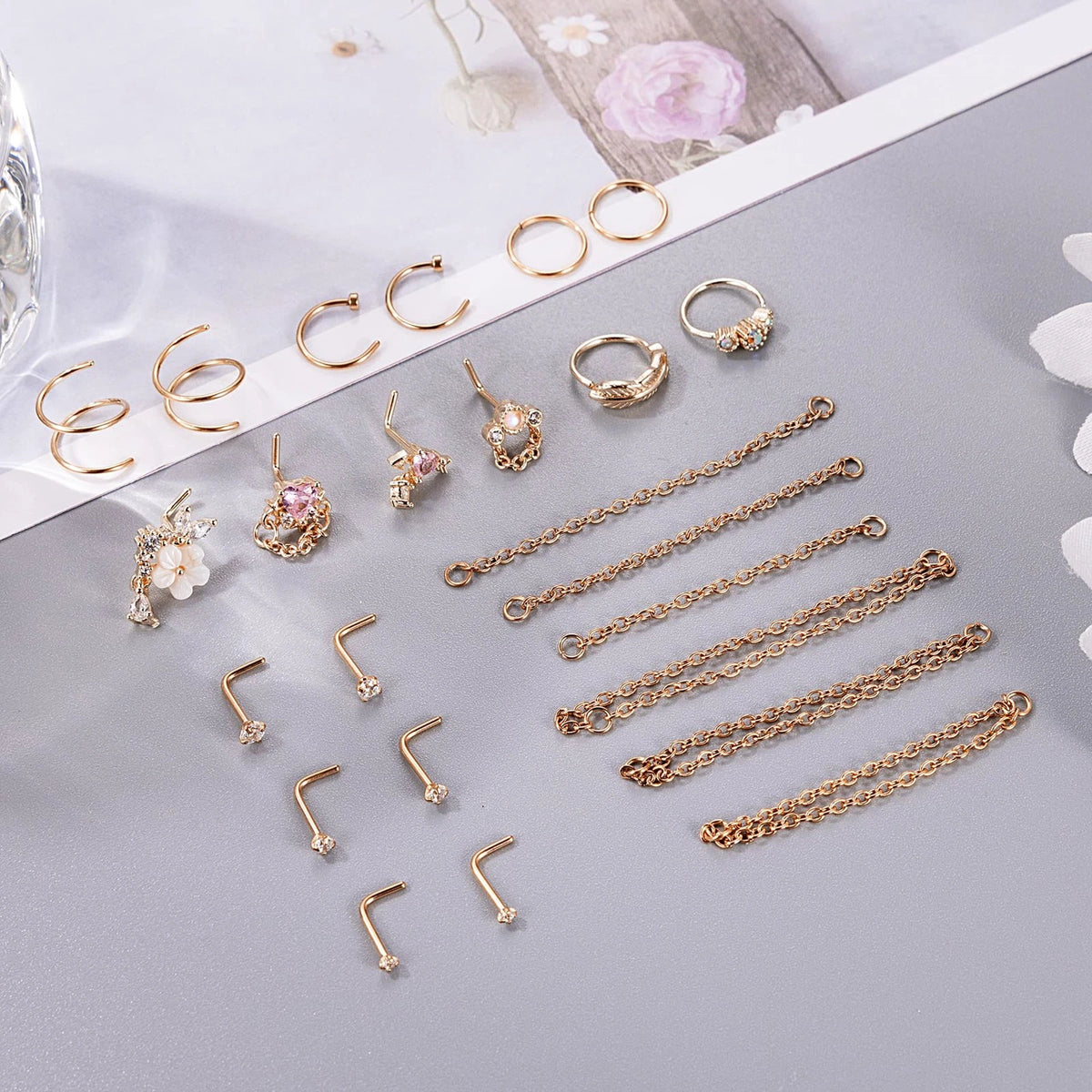 24Pcs 20G Stainless Steel Nose Ring Chain Piercing Double Nose Stud