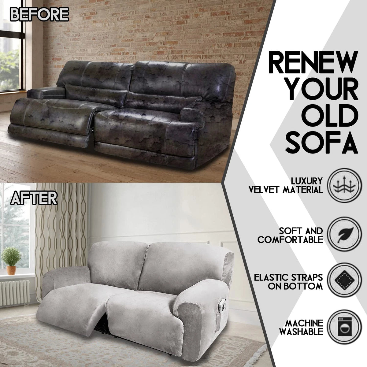 Reclining 2 Seater Sofa Extra Wide 75" - 100" Light Grey