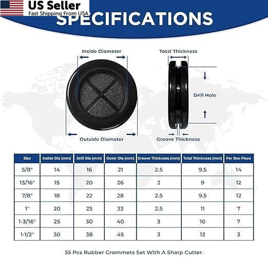 Set of 55 Double-Sided Rubber Grommets for Various Applications