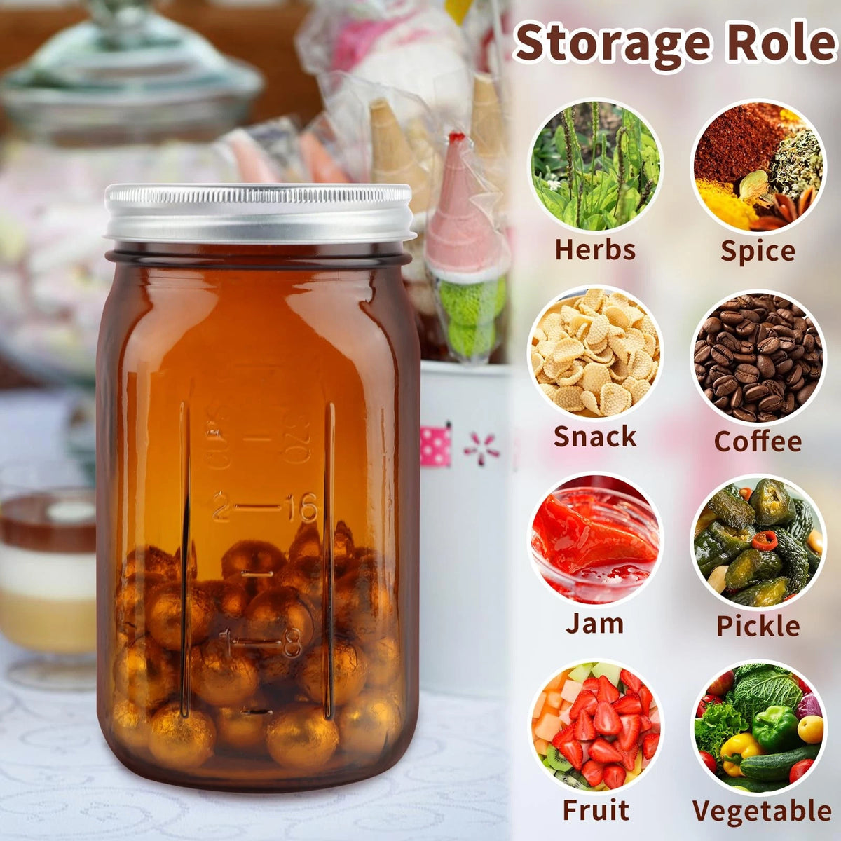 4 Pack Amber Wide Mouth Mason Jars 32 oz for Canning