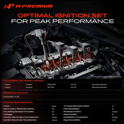 Set of 1 Ignition Coil & 4 Iridium Spark Plugs for Subaru Forester (2009–2010) 22433AA590, UF-625, 7090