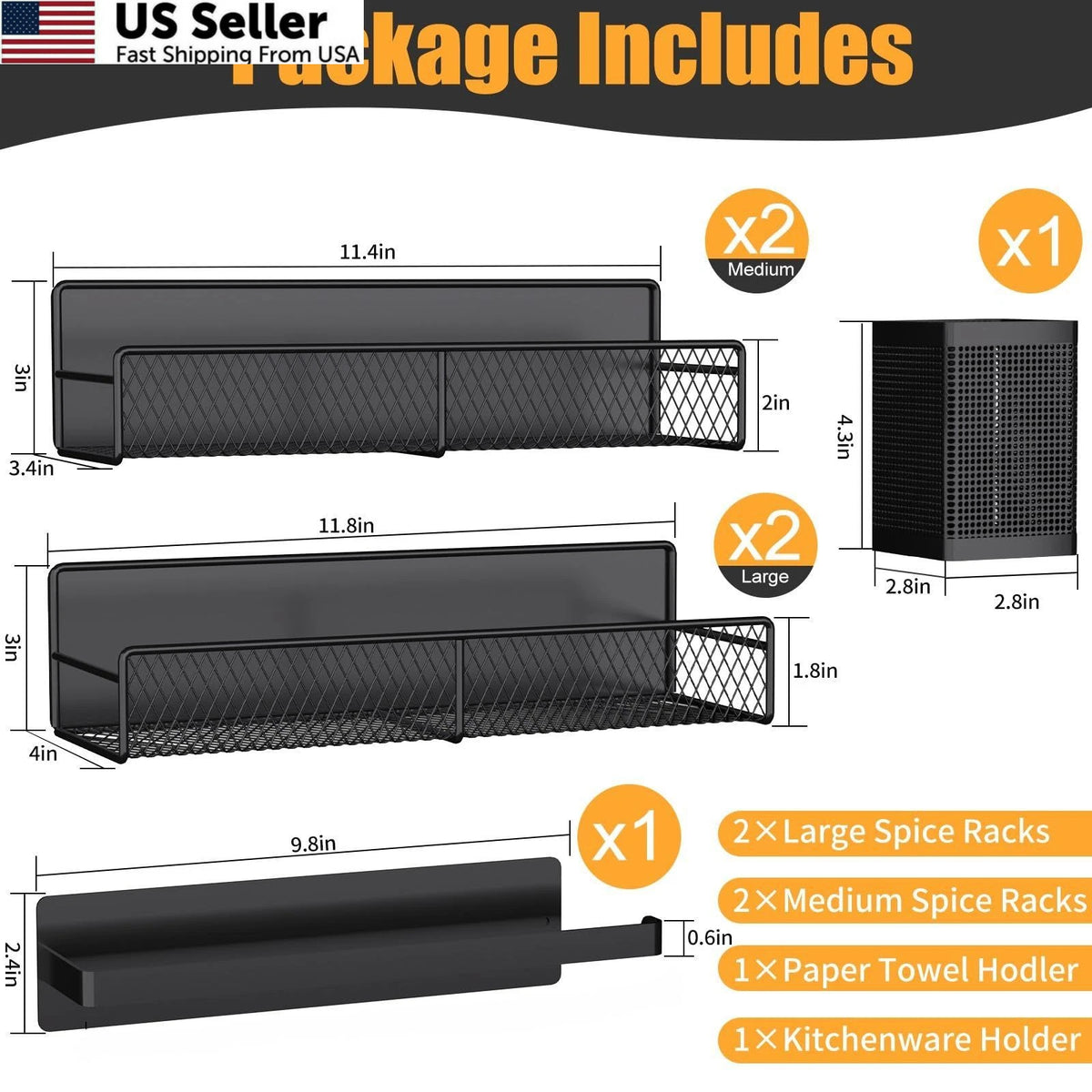 6X Magnetic Spice Rack for Refrigerator (100% Metal, Black)