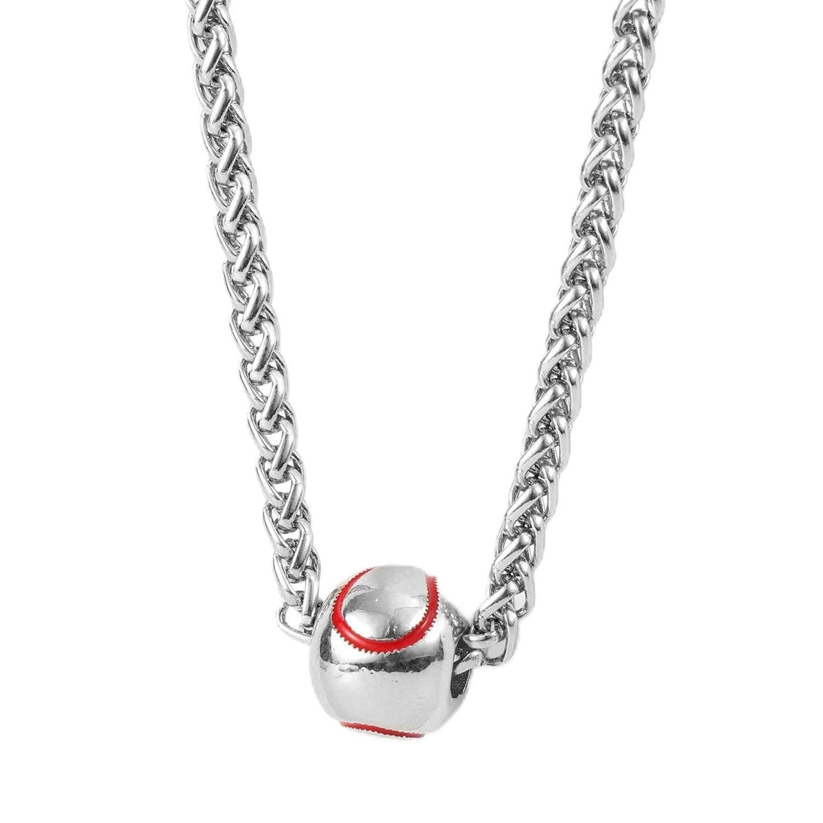 Baseball Necklace for Men - Silver & Red Stainless Steel 62cm/24.41in