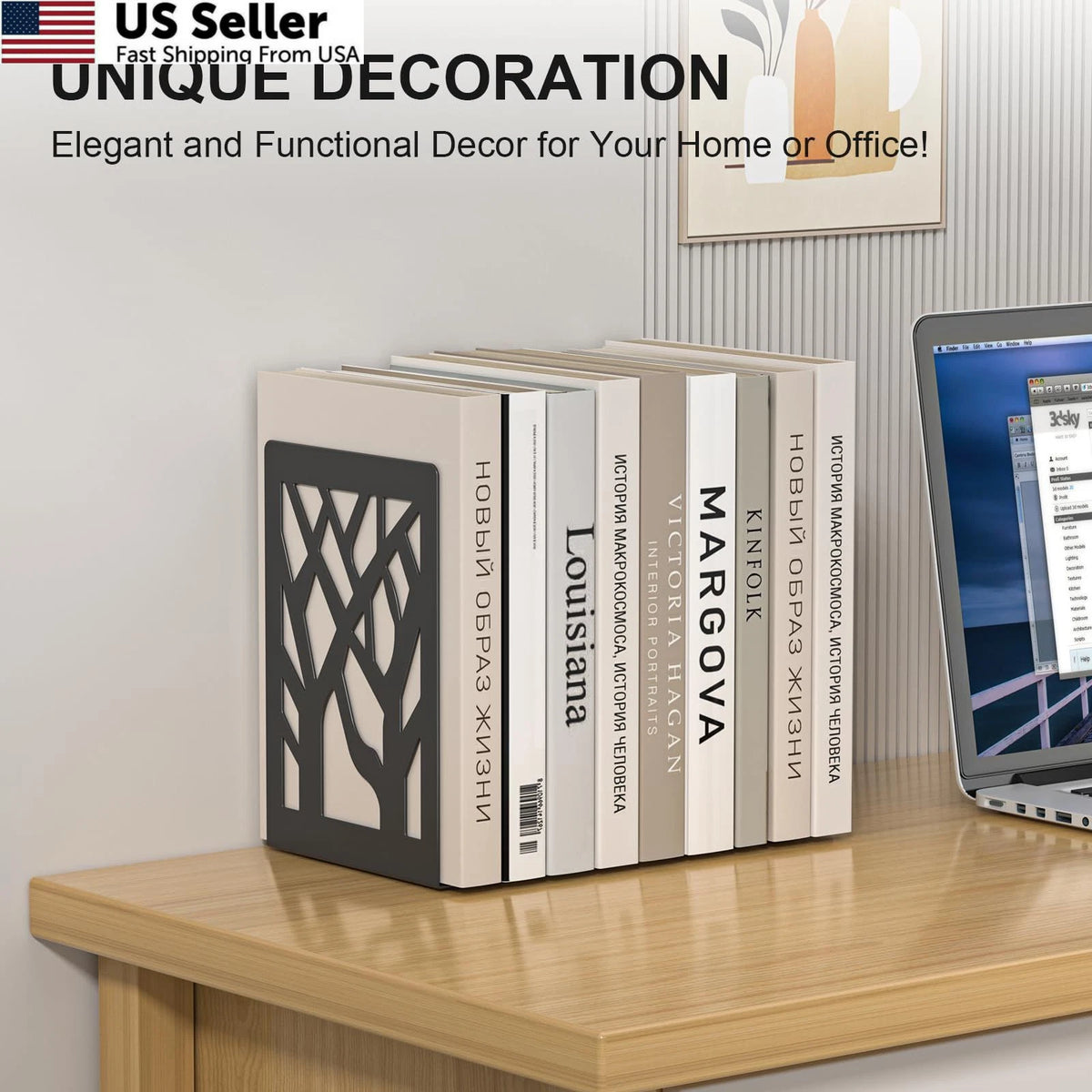 Set of 4 Tree Design Metal Bookends for Home Decor