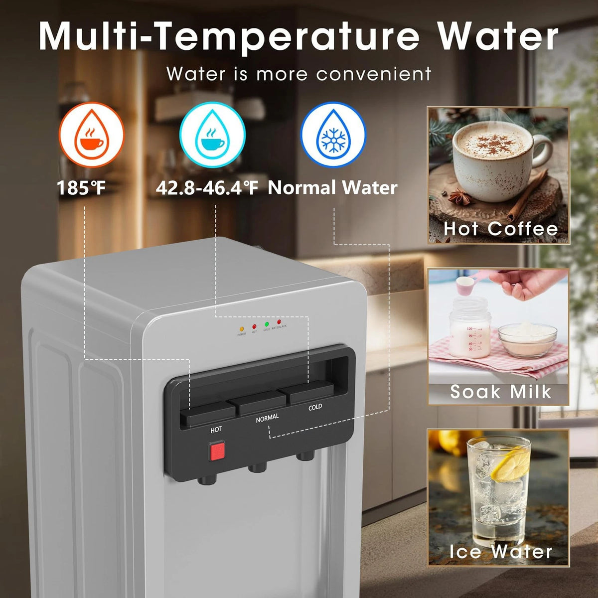 Bottom Load Water Cooler Dispenser with Lack Water Alert, 3 Temperature Set