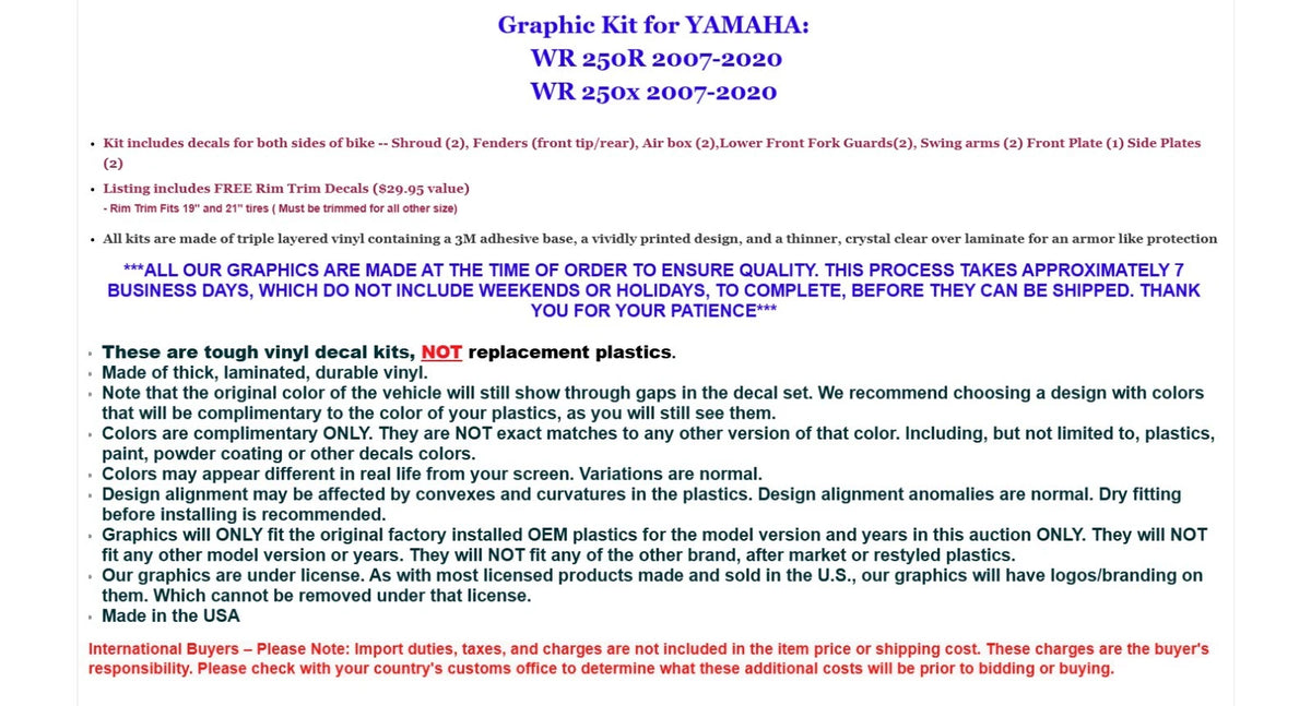 Graphic Stickers +NP/RIM Decals for Yamaha WR250 R/X (2007–2020)