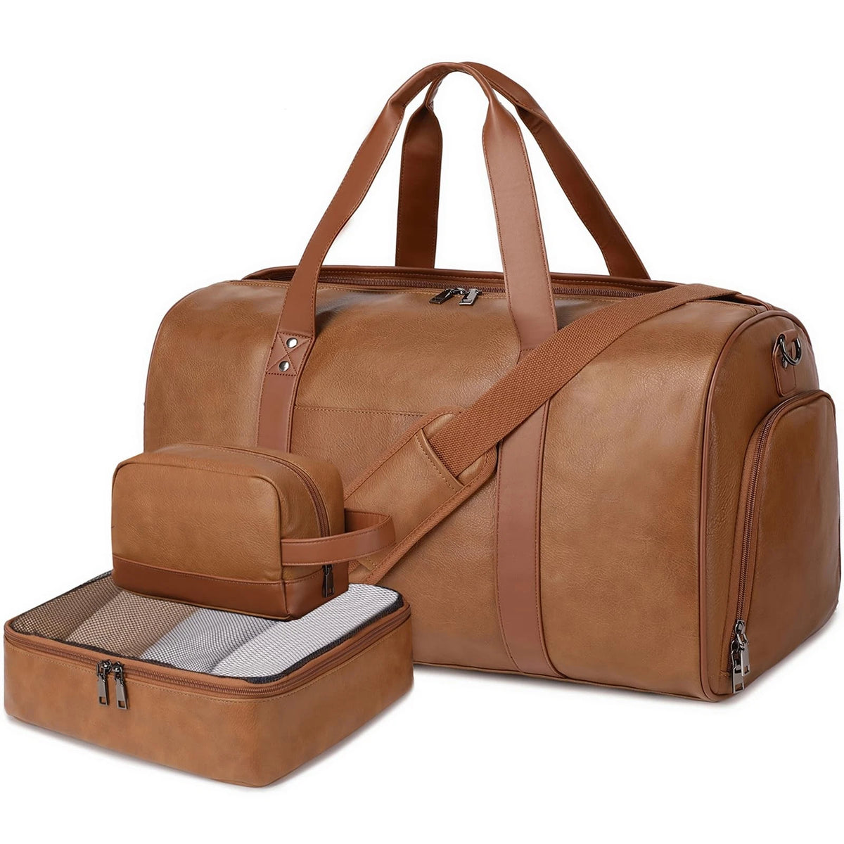 3X Faux Leather Weekender Bag for Women Men - Large, Light Brown