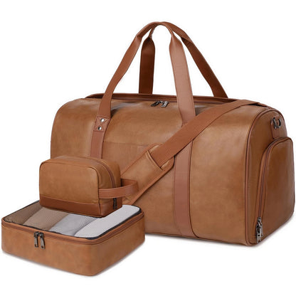 3X Faux Leather Weekender Bag for Women Men - Large, Light Brown