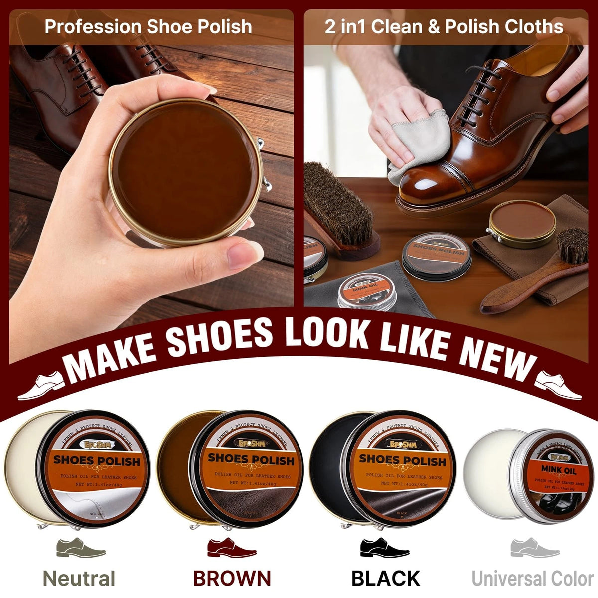 Shoe Shine Kit for Leather Care & Polish (15-in-1, Black/Brown/Neutral)