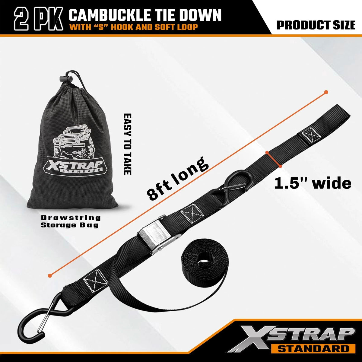 2X Motorcycle Tie Down Straps for XSTRAP (1.5IN X 8FT, Black)